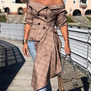 Asymmetrical Plaid Off the Shoulder Blazer - L